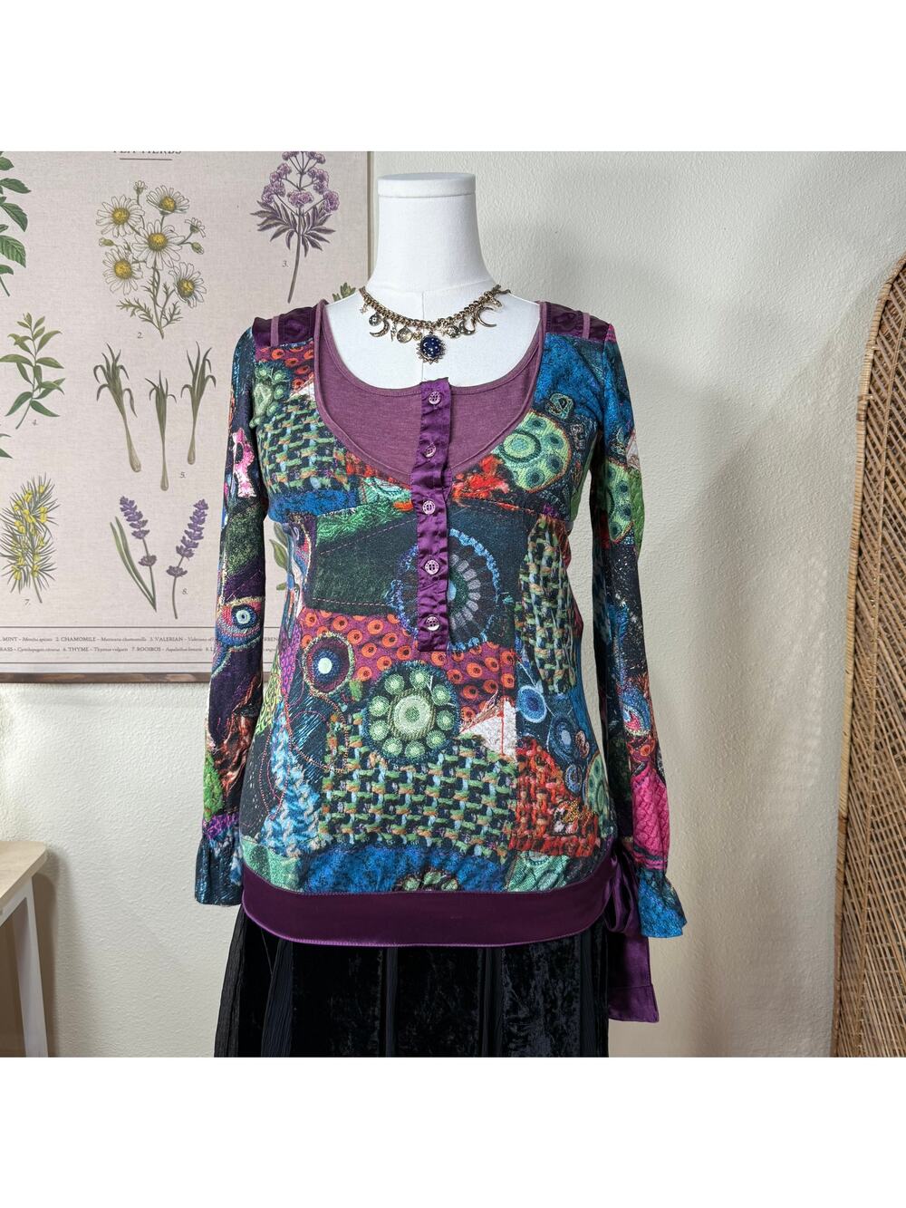 Desigual Graphic Print Tie Henley Top Whimsigoth Whimsy Twee Y2k Fairy Grunge M